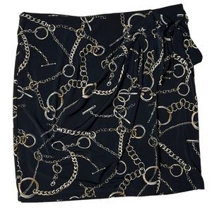 Vintage Cache Black Gold Chain Print Mini Skirt Side Ruching Tie Detail Medium